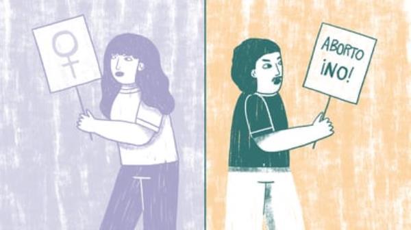 In this illustration, a woman is seen holding a sign with the female gender symbol and a man holding a sign that reads: 