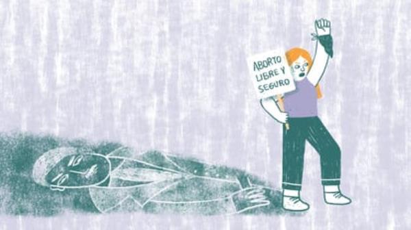 In this illustration, a woman holds a sign that reads: 